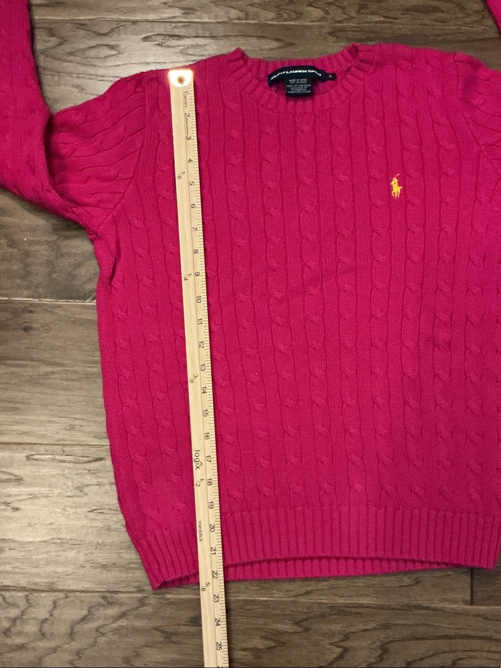 Ralph Lauren Sport Women’s XL Vintage Hot Pink Crew Neck Cable Knit Yellow pony - Picture 5 of 7